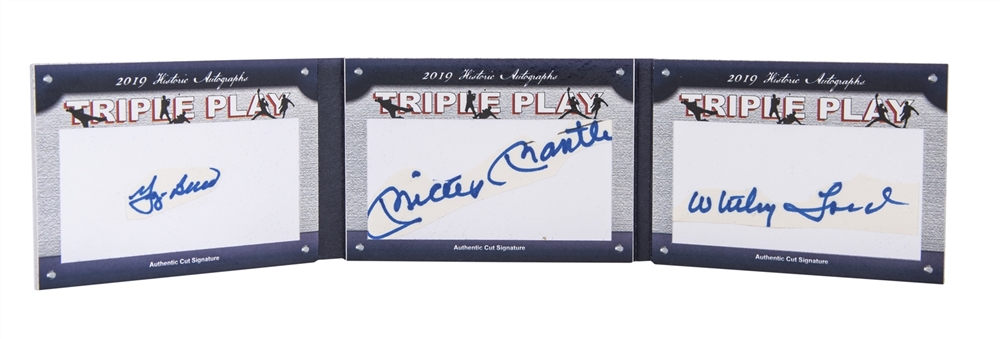 2019 Historic Autographs "Triple Play" Signed Triple Cut Autograph Booklet – Featuring the Signatures of Yogi Berra, Mickey Mantle and Whitey Ford (Beckett)